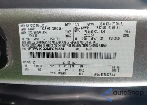 2021 Ford F-150 Xlt из США, поврежденный, VIN 1FTFW1CD2MFC79824